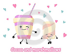 Marshmallow eyes and smiles. Cup of coffee mug with cocoa drink. Happy Valentine`s Day. Funny face. Cute cartoon character. Be in