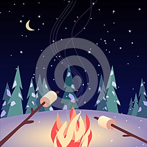 Marshmallow roast on winter campfire vector poster