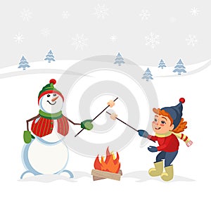 Marshmallow roast on winter campfire vector poster