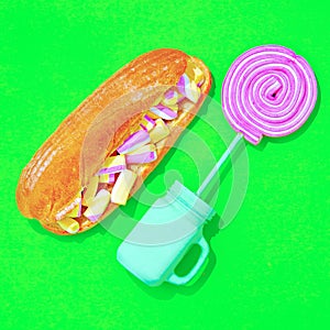 Marshmallow sandwich and lolli pop candy. Minimalist fashion food art
