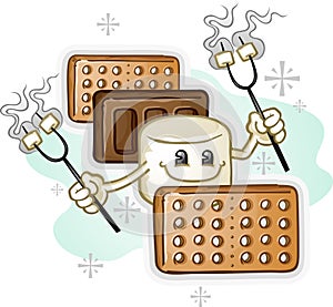 Marshmallow Smores Cartoon Character holding Roasting Sticks