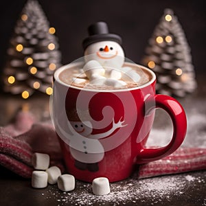 Marshmallow snowman is sitting in a Christmas hot chocolate with a cozy blur background