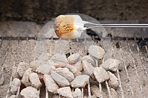 Marshmallow toasting on skewer over hot coals