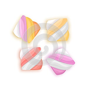 Marshmallow on white background Vector illustration in cartoon style. Set Colorful Twisted Marshmallows