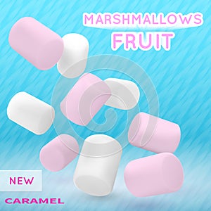 Marshmallow white and pink on on a blue background. Good vector illustration for packing