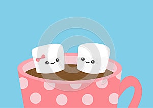 Marshmallows with eyes and smiles. Taking bath. Mug Cup with coffee cocoa drink. Happy Valentines Day. Funny face. Cute cartoon ch