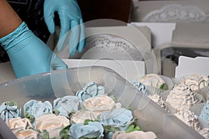 Marshmallows in open gift boxes. Zephyr fir cones and Zephyr flowers.