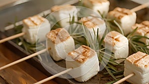 Marshmallows skewered on long rosemary sticks giving a subtle herb flavor to the gooey dessert
