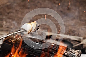 Marshmallows on a stick over a bonfire