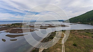 Marshy shallow water near Levkas, Greece. Aerial view