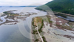 Marshy shallow water near Levkas, Greece. Aerial view