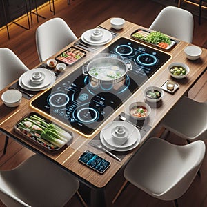 mart dining table with built-in induction cookers for personalized hot pot experiences, smart dining table luxury futuristic image