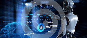 Martech Digital marketing automation technology concept. Robot pressing button on screen 3d render photo