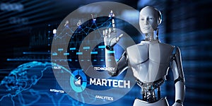 Martech Digital marketing automation technology concept. Robot pressing button on screen 3d render photo