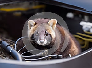 Marten in an engine compartment that has gnawed on cables, generative ai