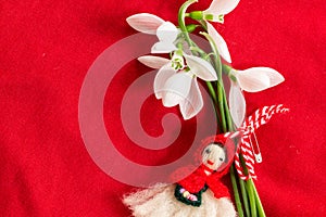 Martenitsa - traditional Bulgarian custom - red background with snowdrops