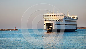 Martha`s Vineyard Ferry Pulling into Harbor from Falmouth, Cape Cod