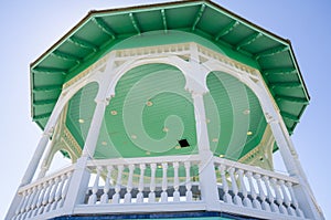 Green gazebo pavillion located in Ocean Park on a sunny spring day