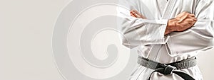 Martial artist in a white gi with black belt, standing confidently with arms crossed.