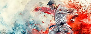 martial artist in a white and red gi, throwing a punch with intense focus, against an explosive backdrop of red and