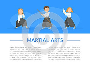 Martial Arts Banner Template with Place for Text and Cute Kids Practicing Aikido in Black and White Uniform Cartoon