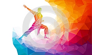 Martial arts jump kick color rainbow silhouette. Karate fighter