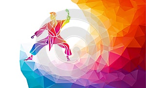 Martial arts jump kick color rainbow silhouette. Karate fighter