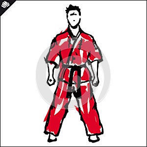 Martial arts-KARATE fighter in red dogi, kimono. EPS photo