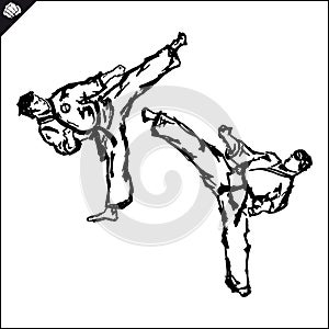 Martial arts. Karate fighters silquette high kick. Vector. EPS.