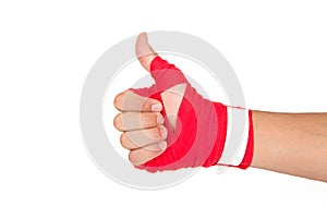Martial Arts Man Hand with Red Boxing Wraps