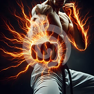 Martial arts pugilist fire energy fist hands dark background