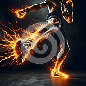 Martial arts pugilist fire energy fist hands feet dark background photo