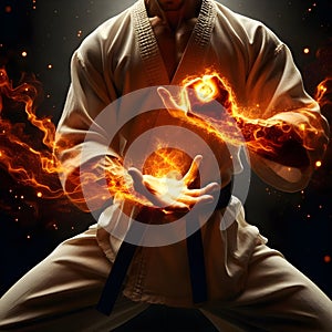 Martial arts pugilist fire energy hands dark background photo