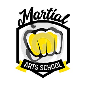 Martial Arts School Banner or Label with Fighters Fist and Black Typography. Emblem for Combat Classes, Boxing Battle