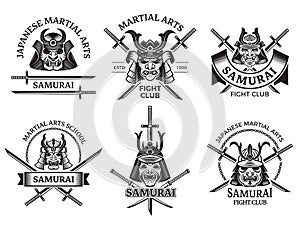 Martial asian labels. Samurai agressive warrior masks and sword katana vector labels logo or tattoo designs