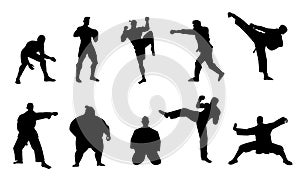Martial fighters silhouettes. Black athletes characters punch opponents and sparring, traditional fight arts concept