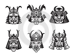 Martial masks. Warrior japanese samurai shogun asian armour vector black illustrations isolated photo