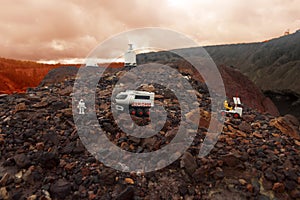 Martian base diorama whith astronauts exploring Mars on a natural landscape