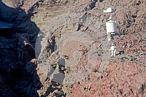 Martian base diorama whith astronauts exploring Mars on a natural landscape