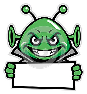 Martian green mascot hold the sign