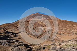 Martian landscape on the eastern slopes of Montana Blanca Mirador las Minas de San Jose with Teide mount at background. Teide