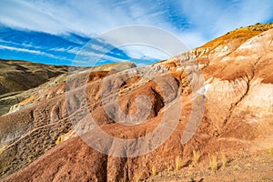 Martian landscape, multi-colored mountains of Kyzyl-Chin, Republic Altai, Siberia, Russia