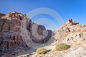 Martian landscapes in lifeless desert of Wadi Rum. Red rocks red sand