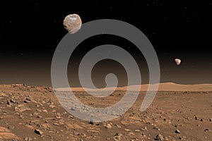 Martian surface, Phobos, Deimos and starry sky.