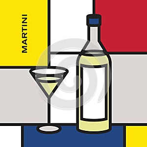 Martini bottle with cocktail glass. Modern style art with rectangular colour blocks.