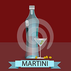 Martini Bottle Glass Olive Alcohol Drink Icon Flat