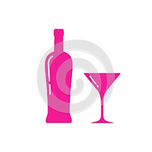 Martini bottle and glass silhouette, beverage container and goblet.Alcohol drink icon on a white background. Simple logo.Shape