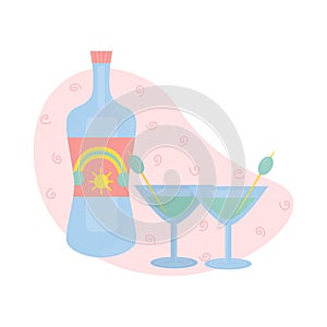 Martini bottle and two glass with olive. Party, pub, restoraunt or club elements. alcohol coctail with vermouth. Vector
