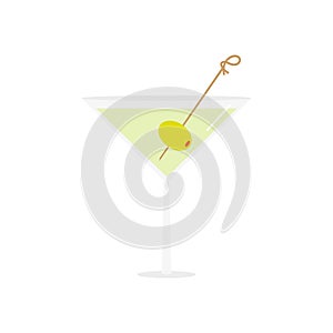 Martini in cocktail glass with olive as a garnish vector cartoon style illustration, icon