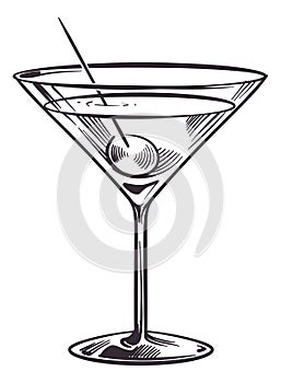 Martini cocktail glass with olive. Hand drawn engraving